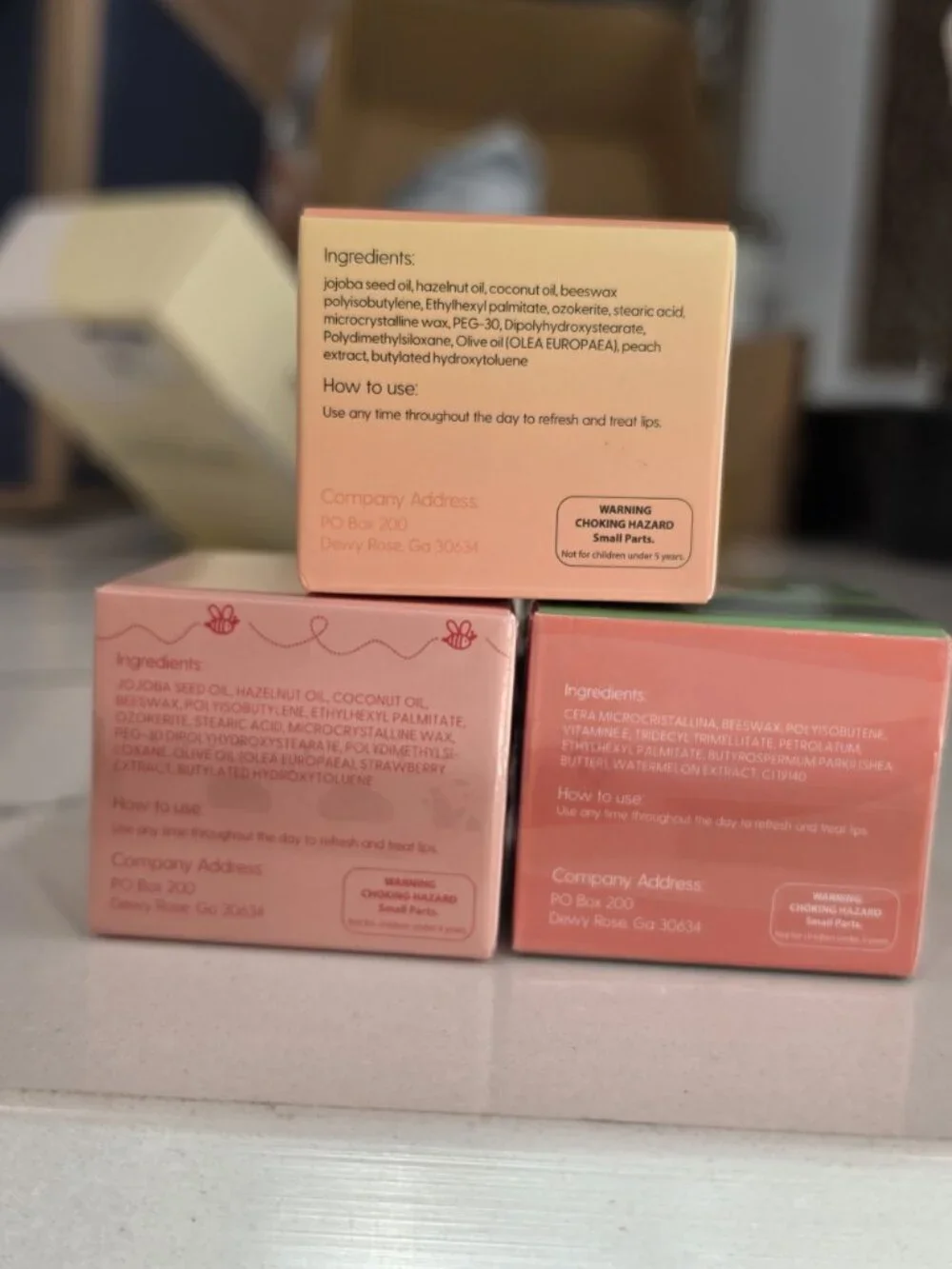 Bee Balm Lip Care Trio Peach Strawberry Watermelon Scents 5g each with applicato